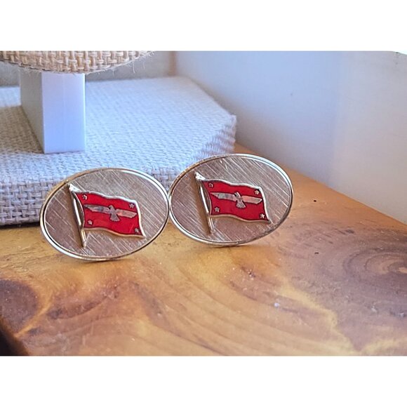 Vintage  Cufflinks American President Lines Logo Red Enamel Flag Bird Stars - Picture 3 of 11